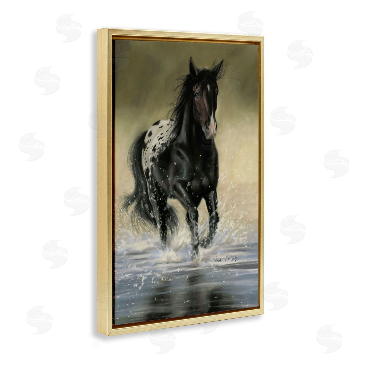 Splashing Galloping Horse Gold Floating Frame Canvas Wall Art, Home Decor by Victoria Schultz