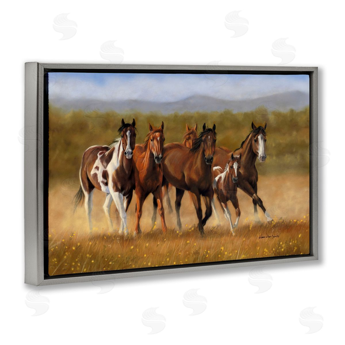 Foal's First Run Grey Floating Frame Canvas Wall Art, Home Decor by Victoria Schultz