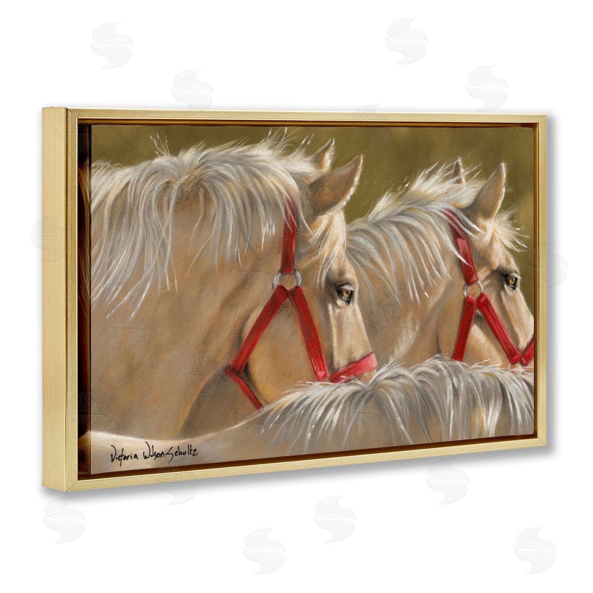Horses with Red Bridles Gold Floating Frame Canvas Wall Art, Home Decor by Victoria Schultz