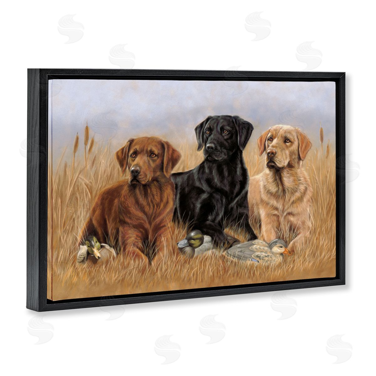 Dog Trio and Ducks Black Floating Frame Canvas Wall Art, Home Decor by Victoria Schultz