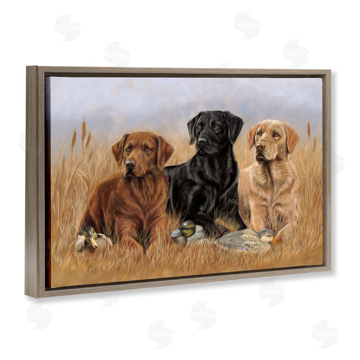 Dog Trio and Ducks Brown Floating Frame Canvas Wall Art, Home Decor by Victoria Schultz