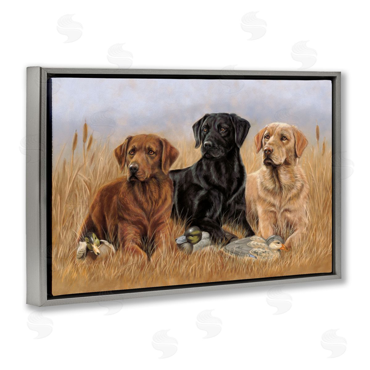 Dog Trio and Ducks Grey Floating Frame Canvas Wall Art, Home Decor by Victoria Schultz