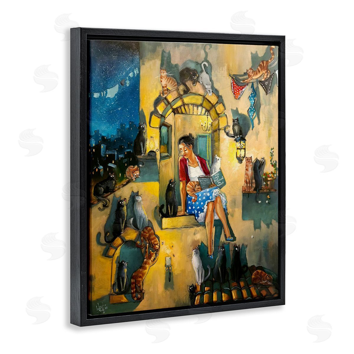 Window Scene with Cats Black Floating Frame Canvas Wall Art, Home Decor by Ronald West