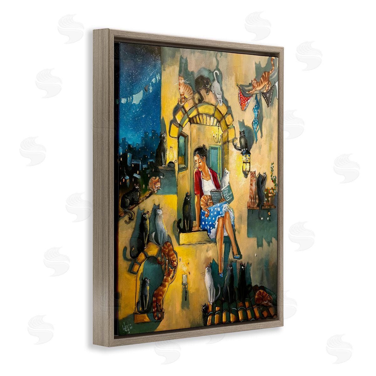 Window Scene with Cats Brown Floating Frame Canvas Wall Art, Home Decor by Ronald West
