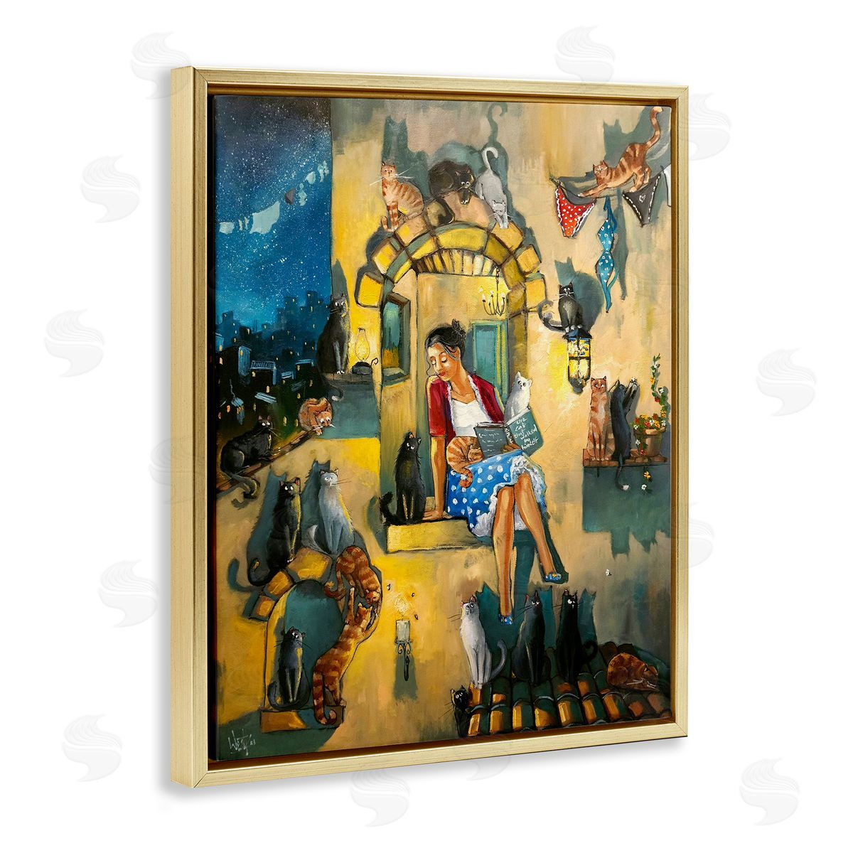 Window Scene with Cats Gold Floating Frame Canvas Wall Art, Home Decor by Ronald West