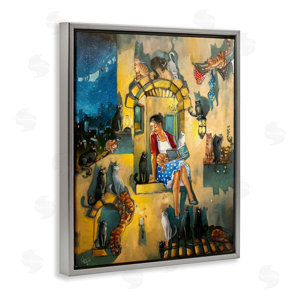 Window Scene with Cats Grey Floating Frame Canvas Wall Art, Home Decor by Ronald West