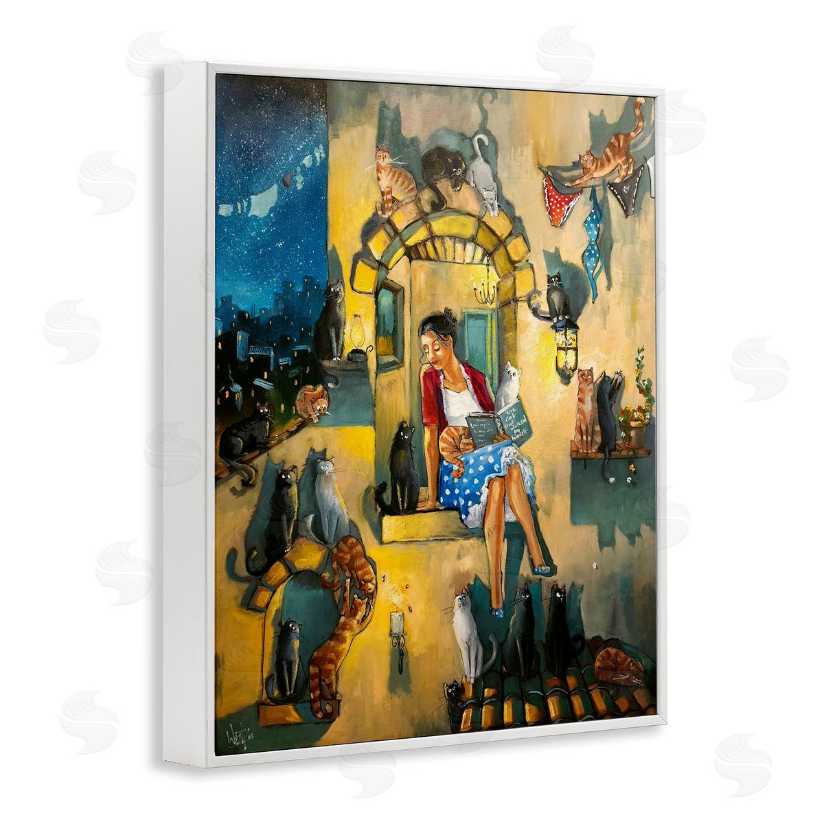 Window Scene with Cats White Frame Print Wall Art, Home Decor by Ronald West