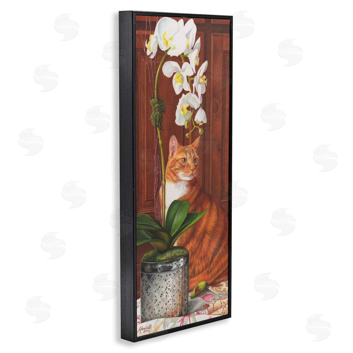 Cat and Orchid Flower Black Frame Print Wall Art, Home Decor by Mardell Schuster