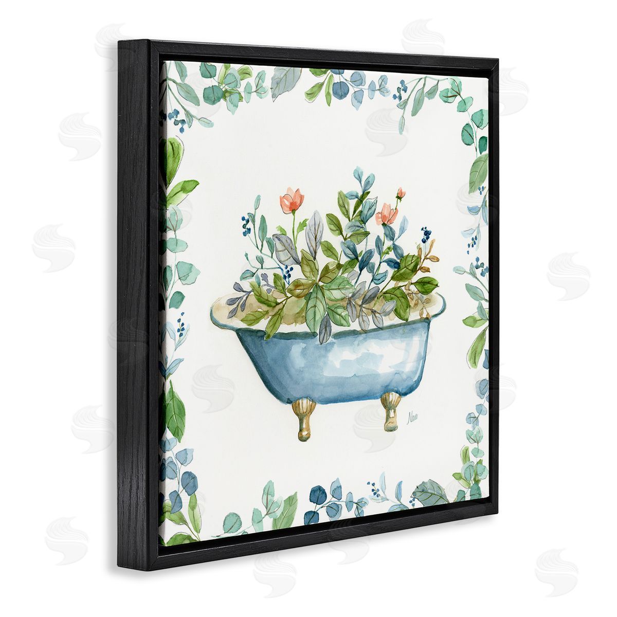 Botanical Bath Tub Black Floating Frame Canvas Wall Art, Home Decor by Nan