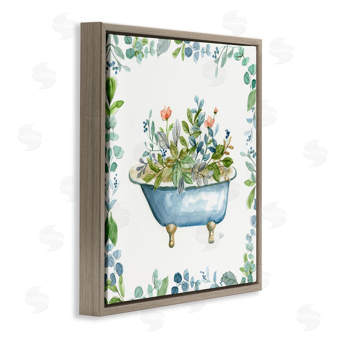 Botanical Bath Tub Brown Floating Frame Canvas Wall Art, Home Decor by Nan