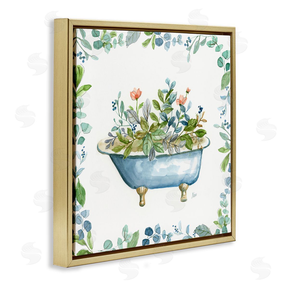 Botanical Bath Tub Gold Floating Frame Canvas Wall Art, Home Decor by Nan