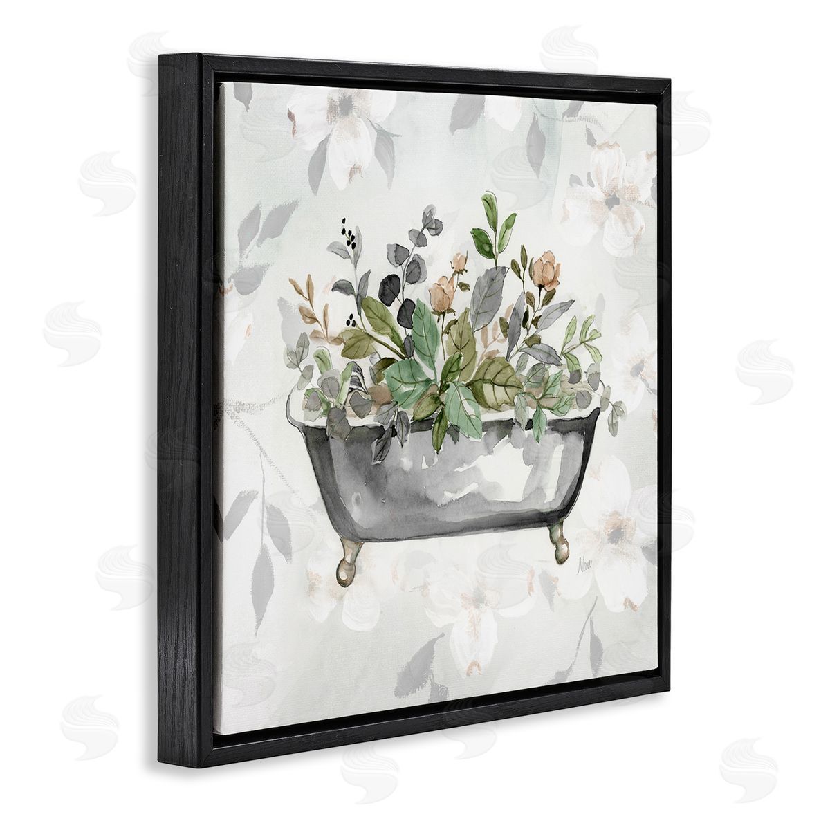 Leaf Patterned Bath Black Floating Frame Canvas Wall Art, Home Decor by Nan