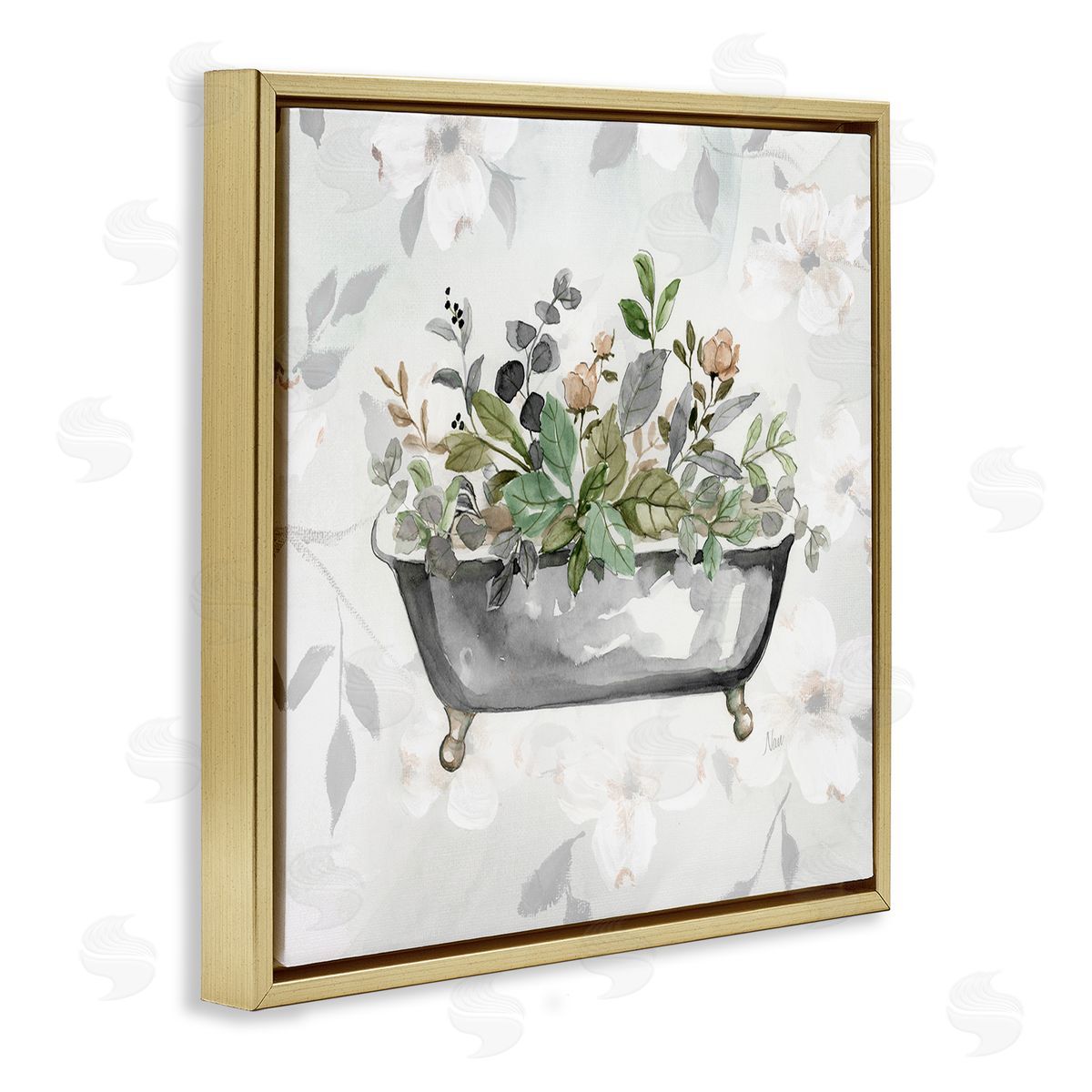 Leaf Patterned Bath Gold Floating Frame Canvas Wall Art, Home Decor by Nan
