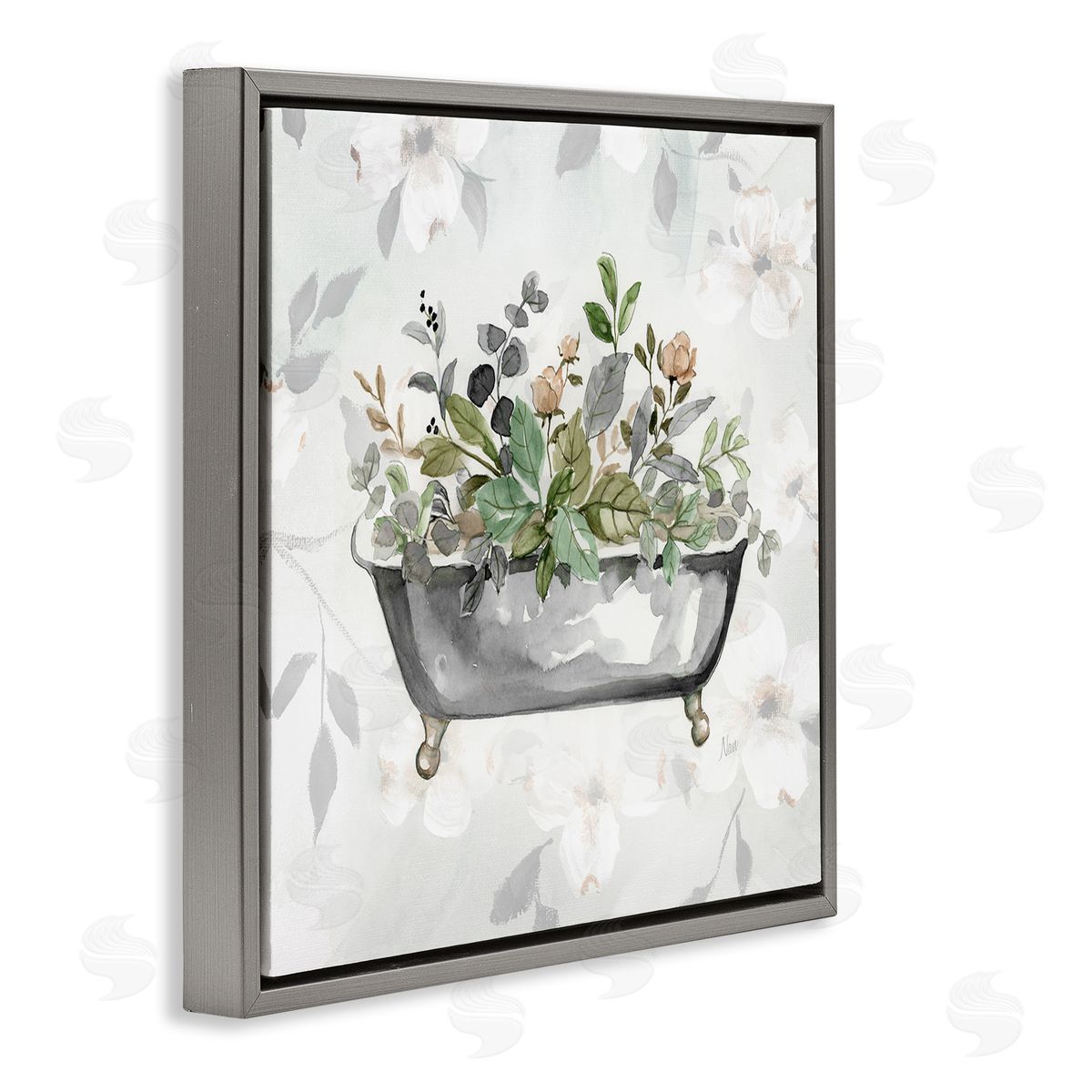 Leaf Patterned Bath Grey Floating Frame Canvas Wall Art, Home Decor by Nan