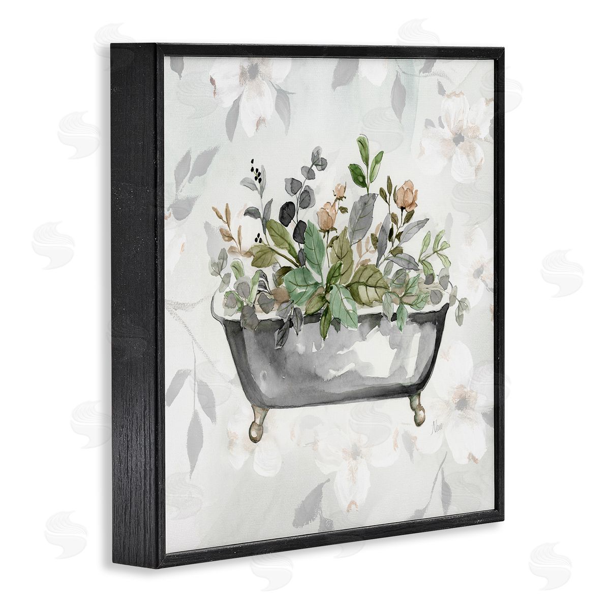 Leaf Patterned Bath Black Frame Print Wall Art, Home Decor by Nan