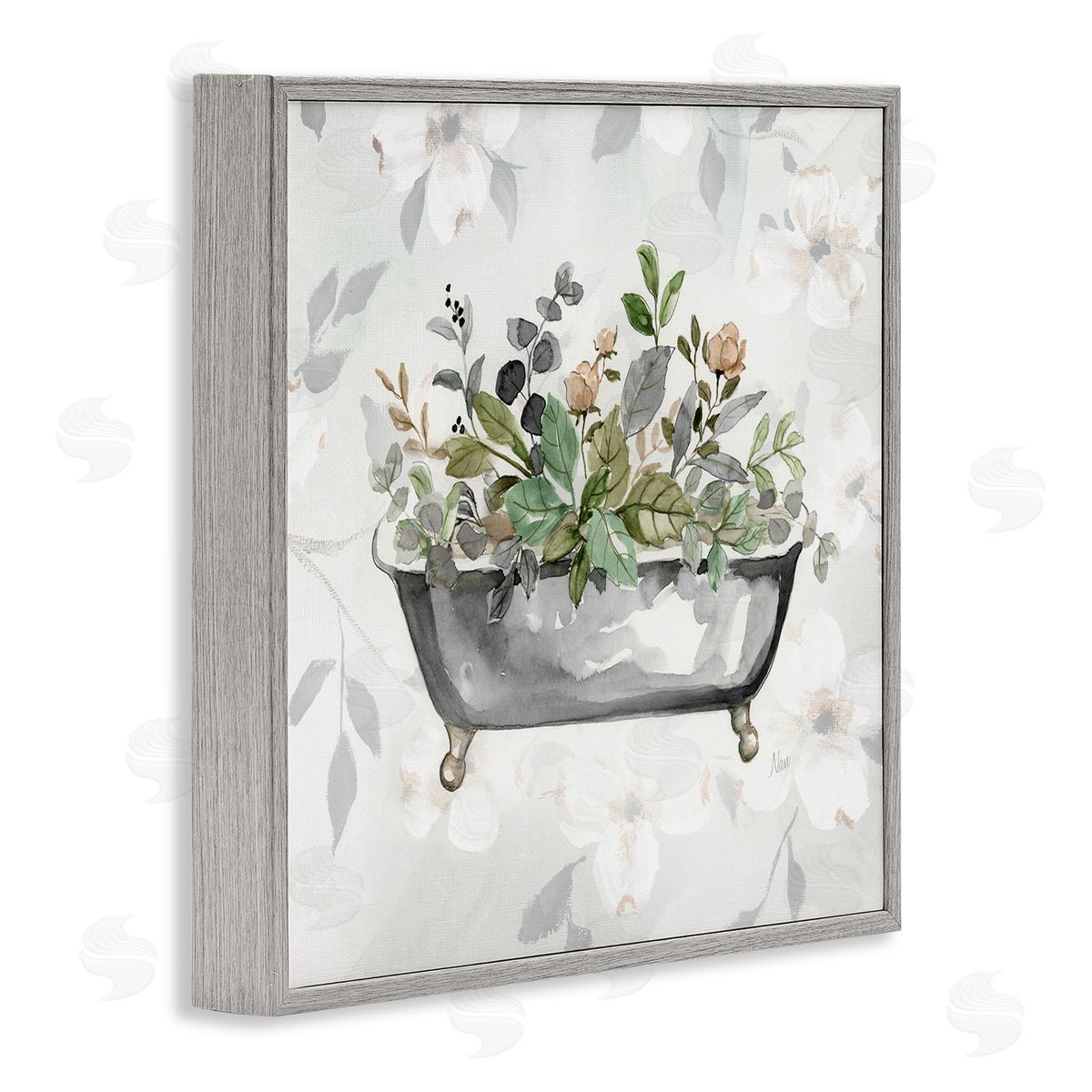 Leaf Patterned Bath Grey Frame Print Wall Art, Home Decor by Nan