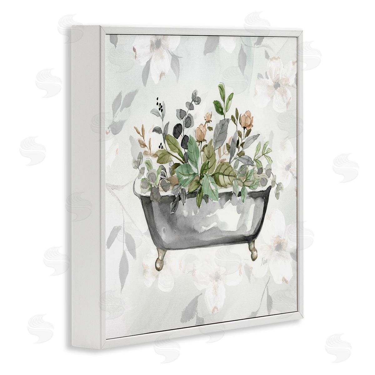 Leaf Patterned Bath White Frame Print Wall Art, Home Decor by Nan