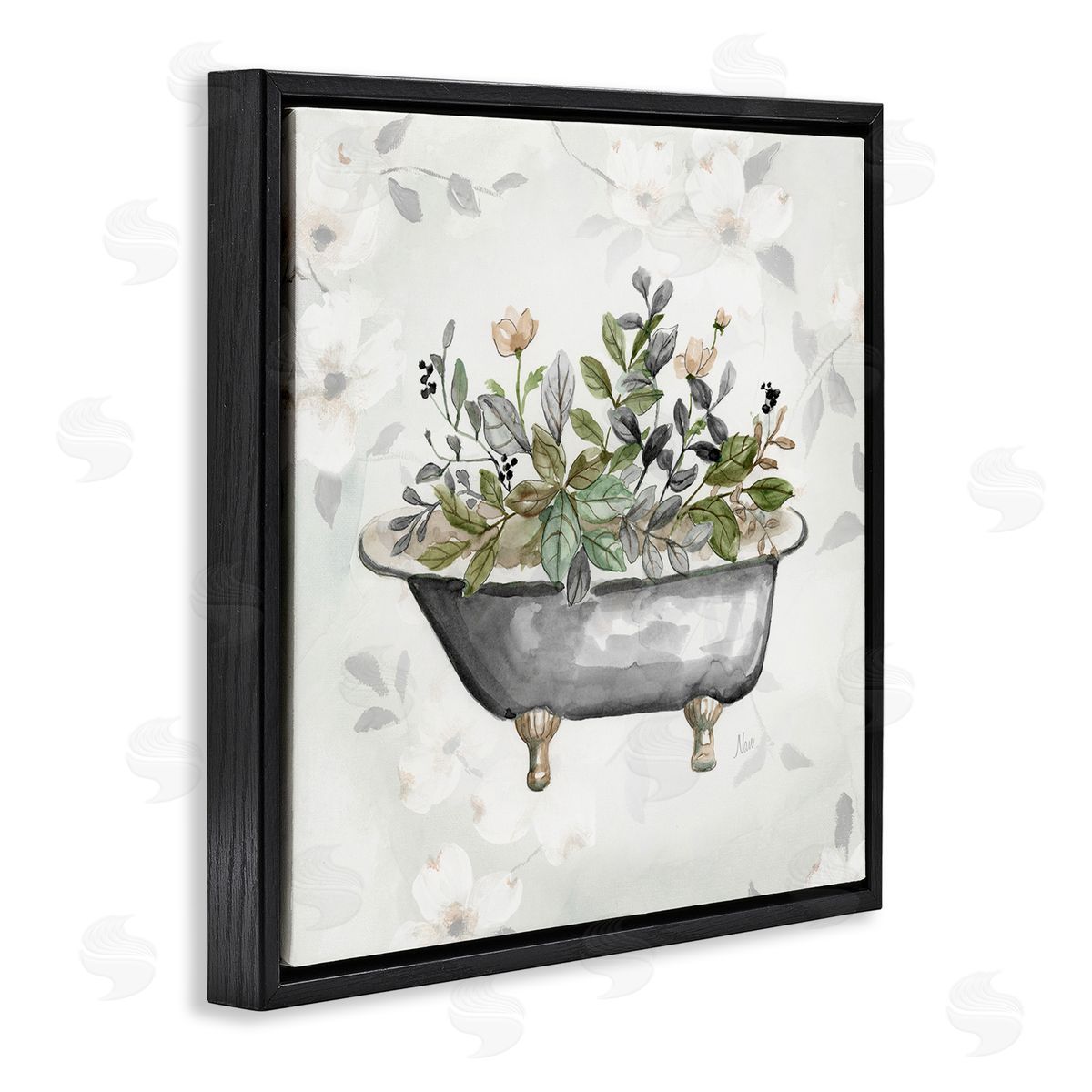 Leaf Patterned Tub Black Floating Frame Canvas Wall Art, Home Decor by Nan
