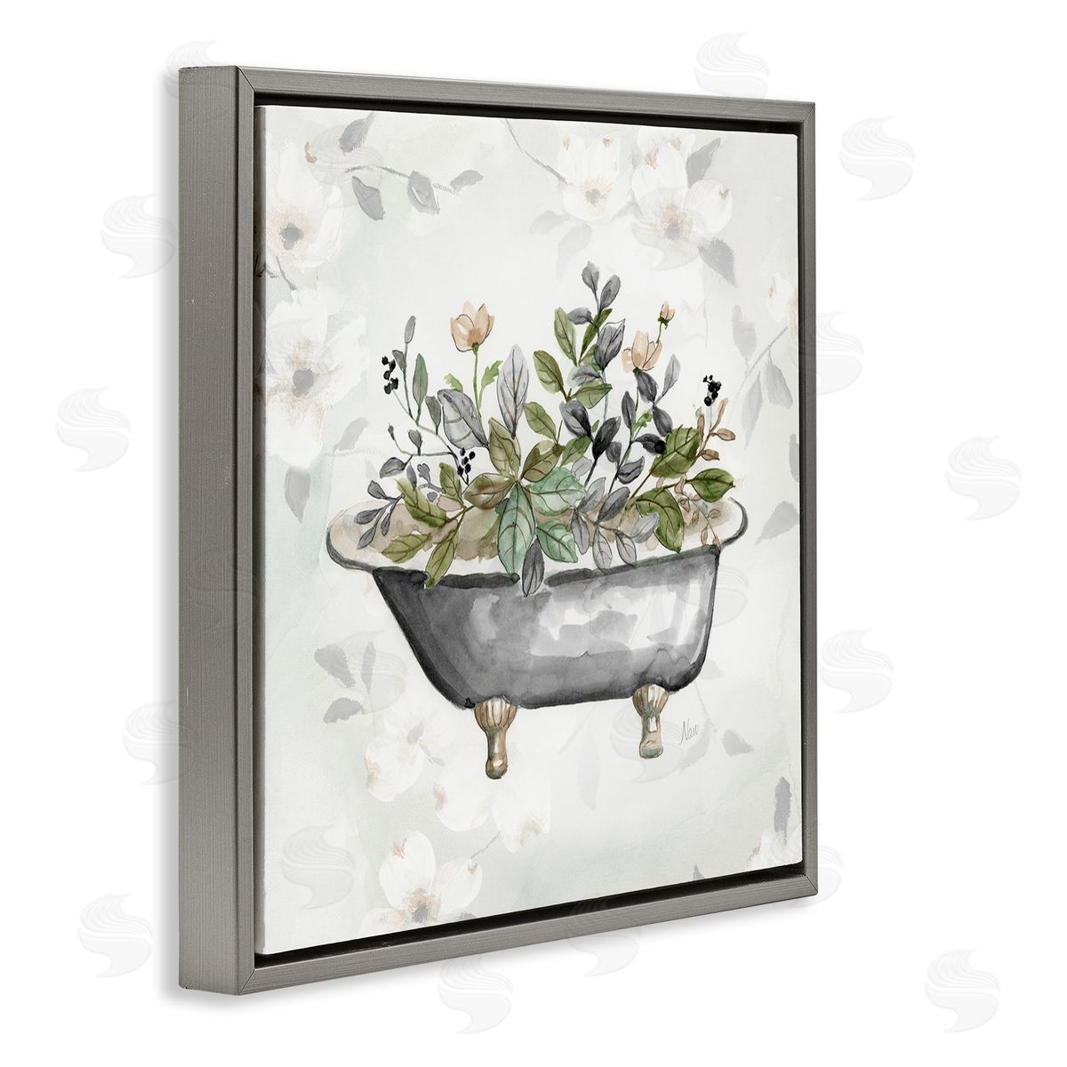 Leaf Patterned Tub Grey Floating Frame Canvas Wall Art, Home Decor by Nan