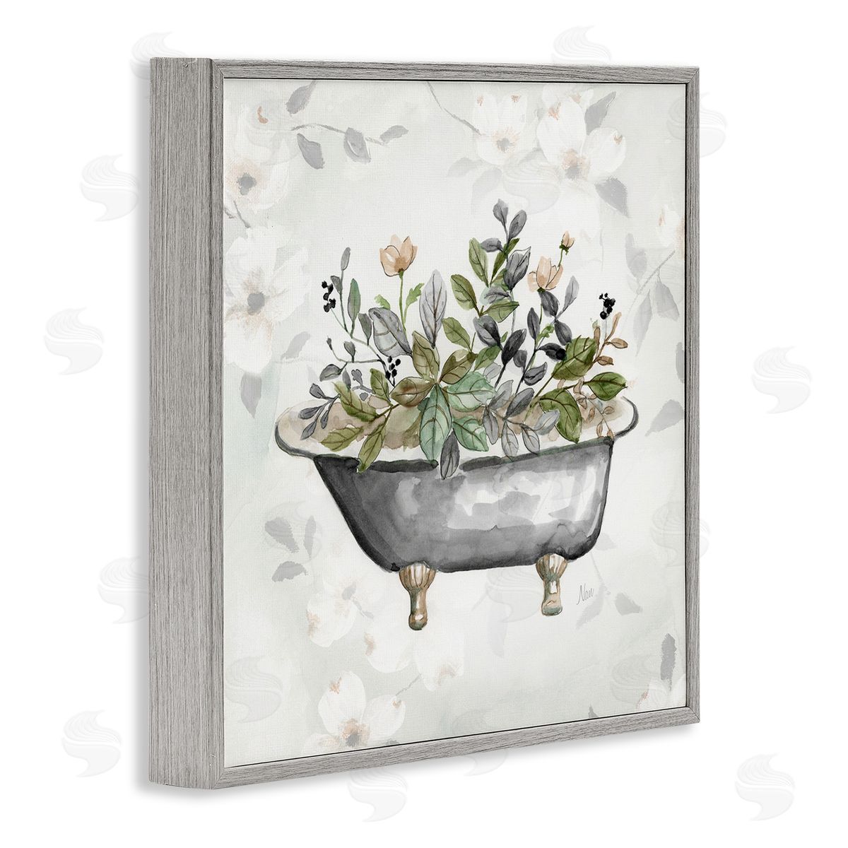 Leaf Patterned Tub Grey Frame Print Wall Art, Home Decor by Nan