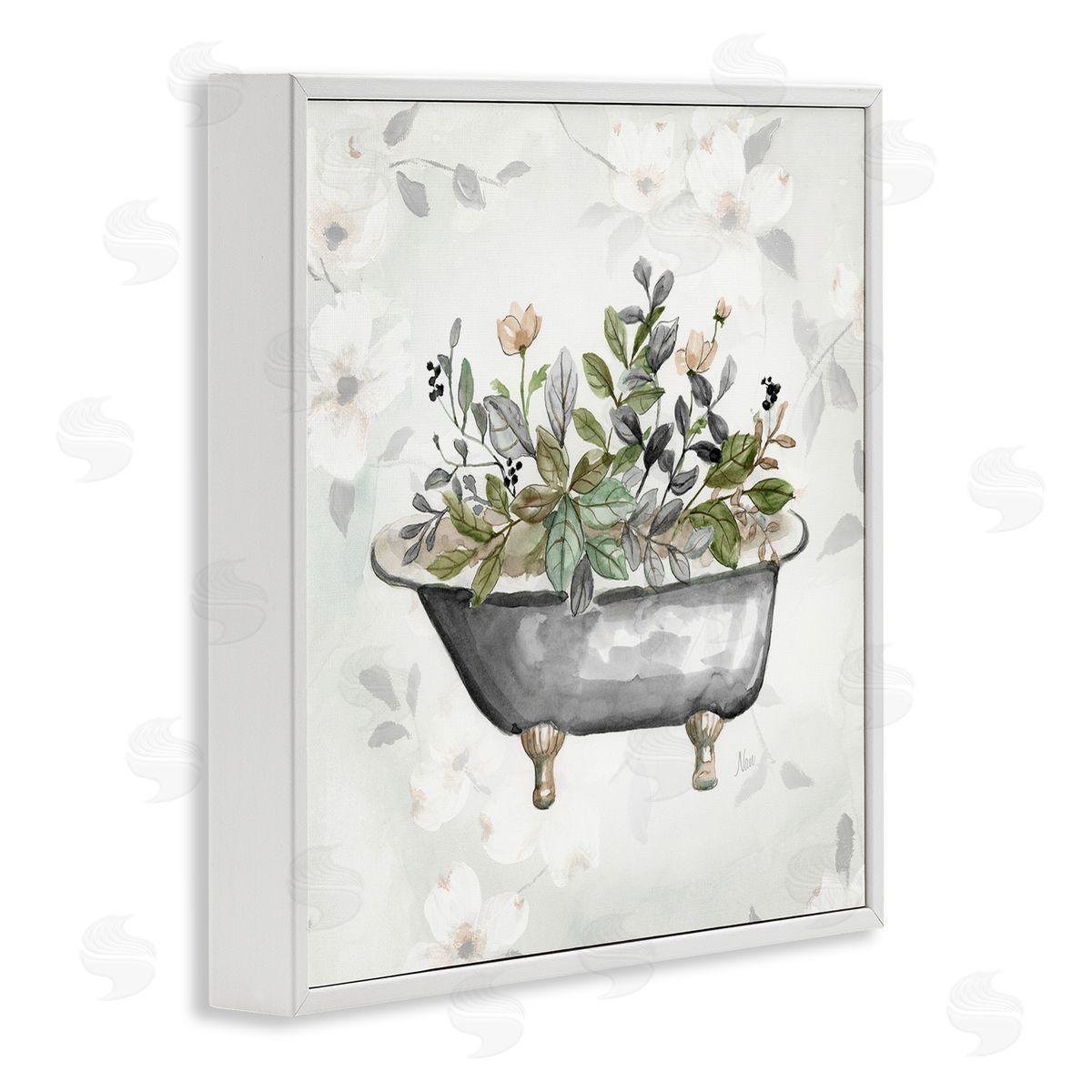 Leaf Patterned Tub White Frame Print Wall Art, Home Decor by Nan