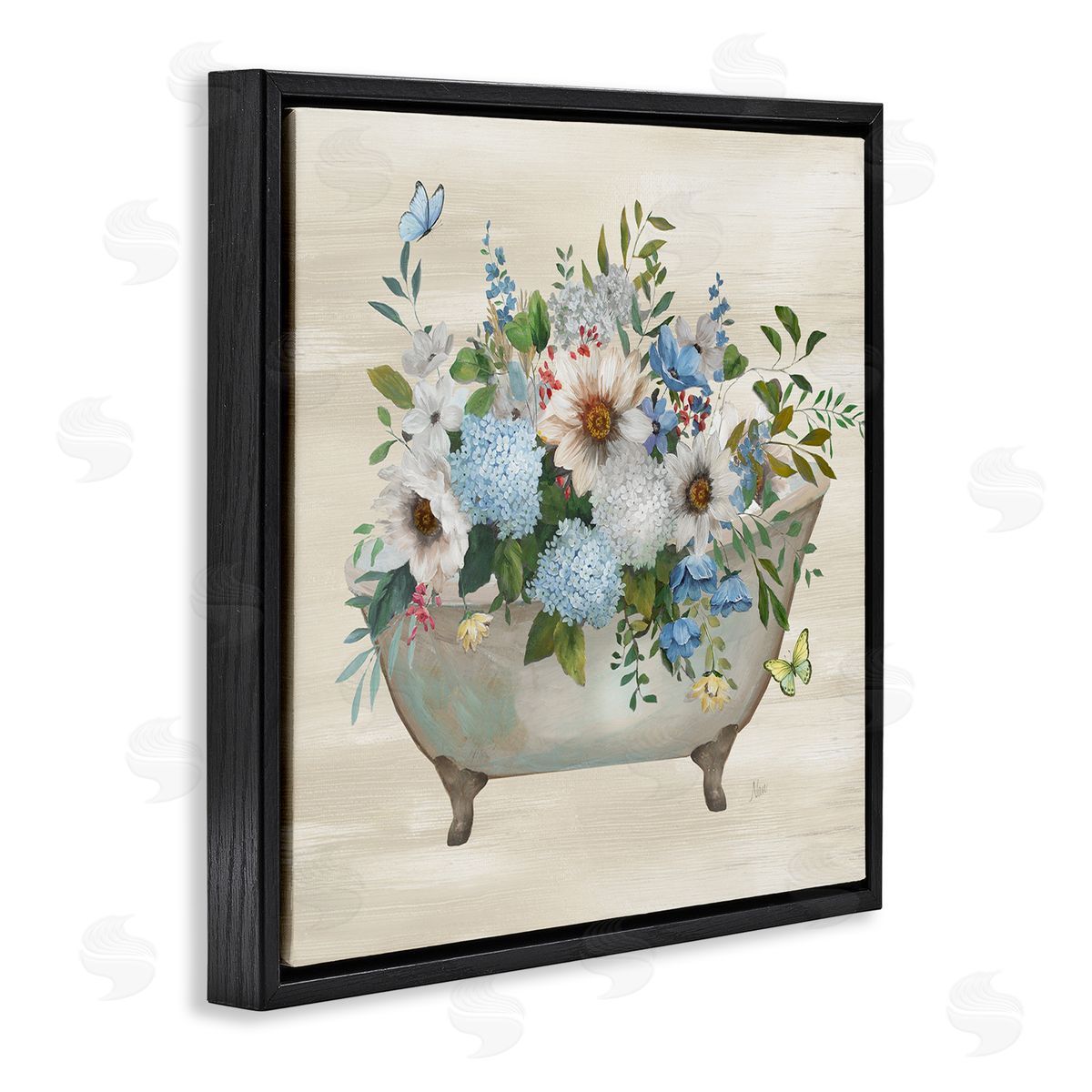 Floral Bouquet Bathtub Black Floating Frame Canvas Wall Art, Home Decor by Nan