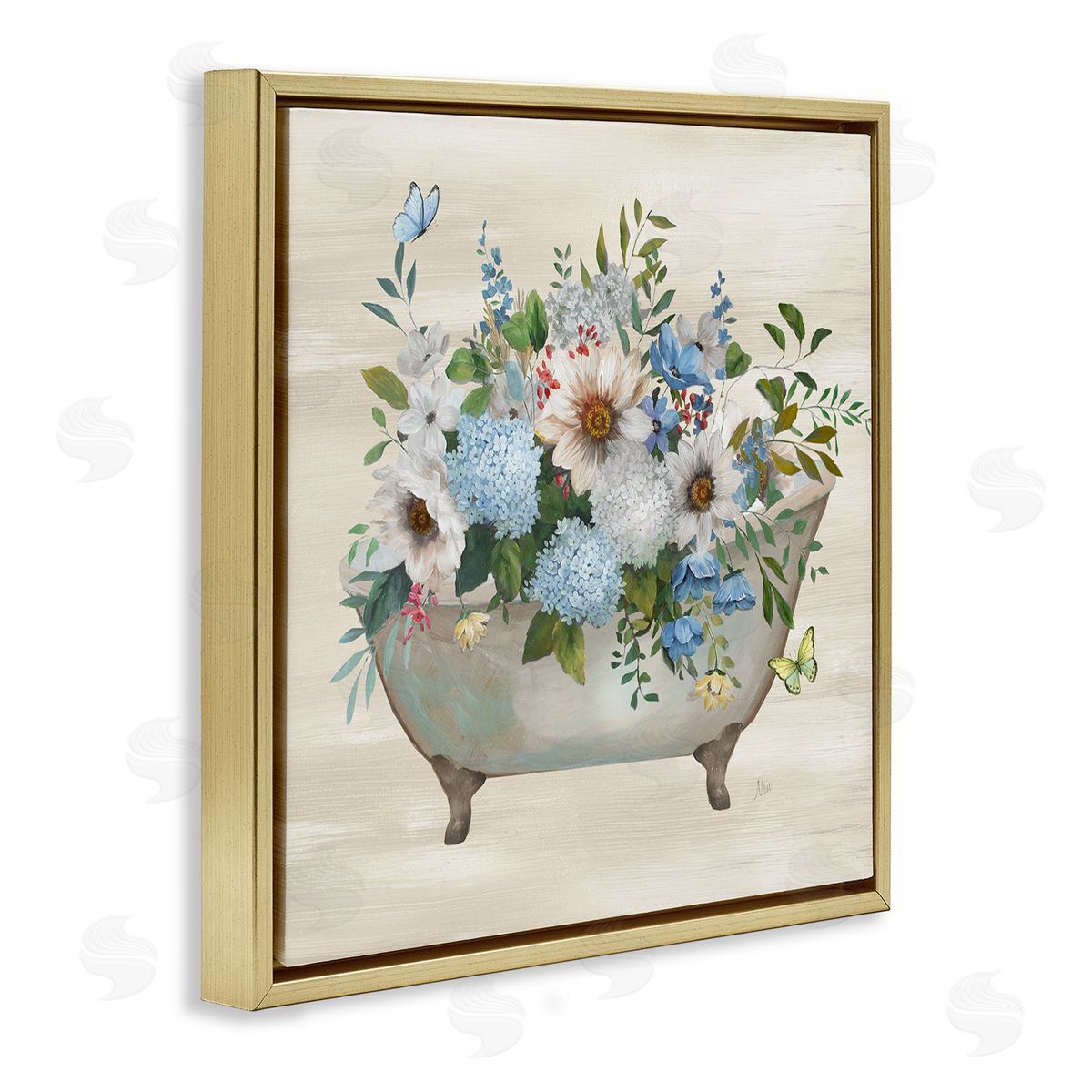 Floral Bouquet Bathtub Gold Floating Frame Canvas Wall Art, Home Decor by Nan
