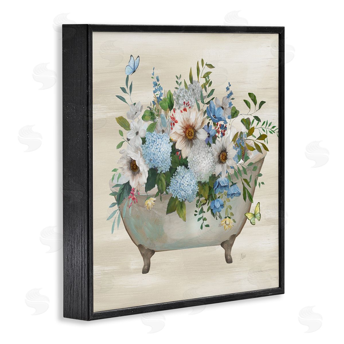 Floral Bouquet Bathtub Black Frame Print Wall Art, Home Decor by Nan