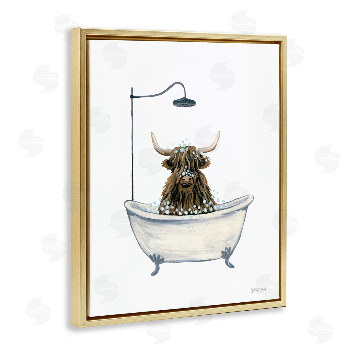 Highland Cow Bathtub Gold Floating Frame Canvas Wall Art, Home Decor by Yvette St. Amant