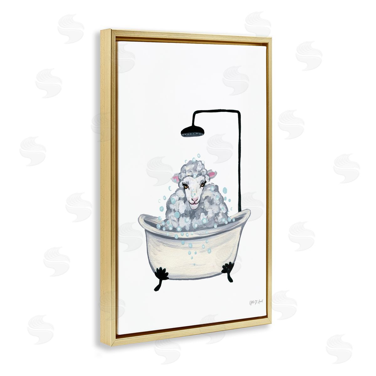 Farm Sheep Bathtub Gold Floating Frame Canvas Wall Art, Home Decor by Yvette St. Amant
