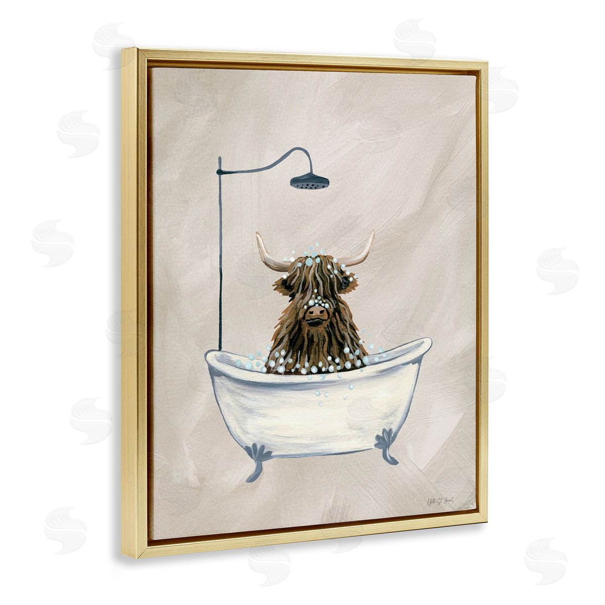Highland Cow Bubble Bath Gold Floating Frame Canvas Wall Art, Home Decor by Yvette St. Amant