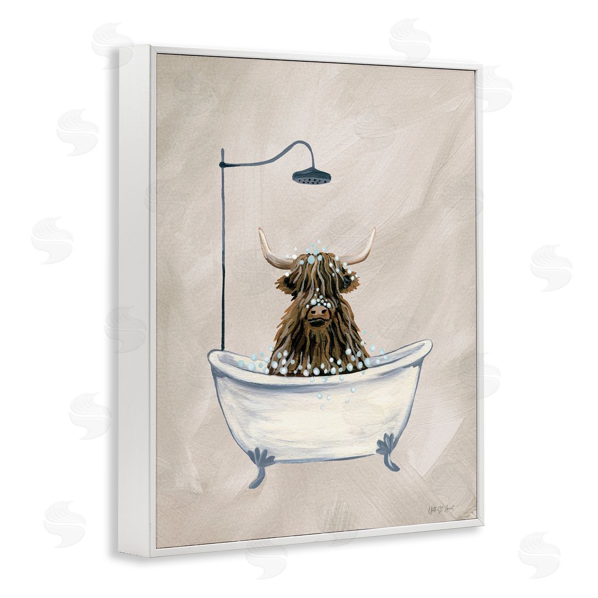 Highland Cow Bubble Bath White Frame Print Wall Art, Home Decor by Yvette St. Amant