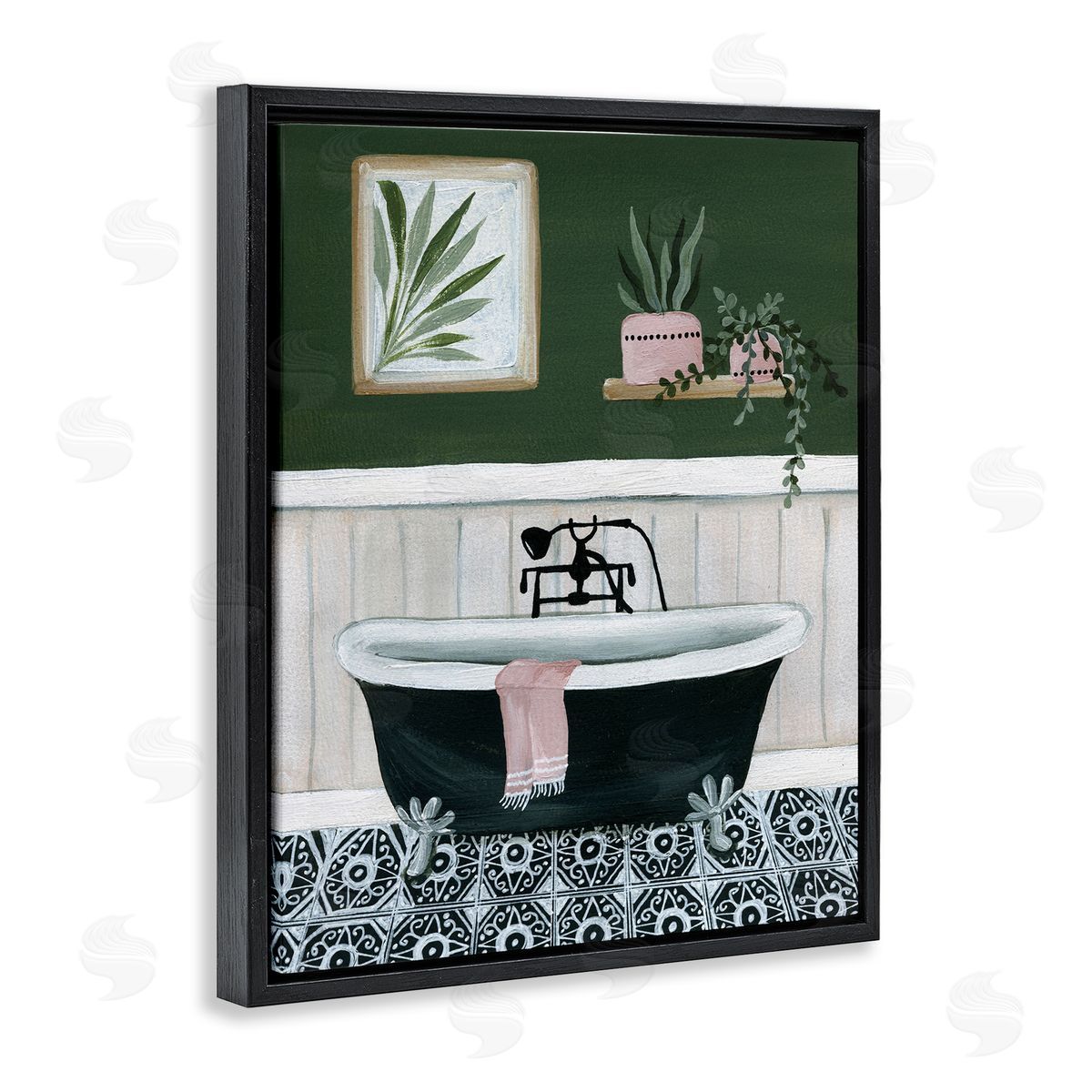 Green Bathroom Scene Black Floating Frame Canvas Wall Art, Home Decor by Yvette St. Amant