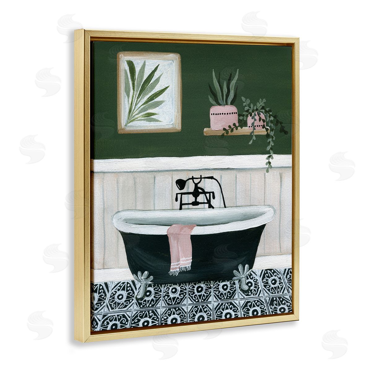 Green Bathroom Scene Gold Floating Frame Canvas Wall Art, Home Decor by Yvette St. Amant