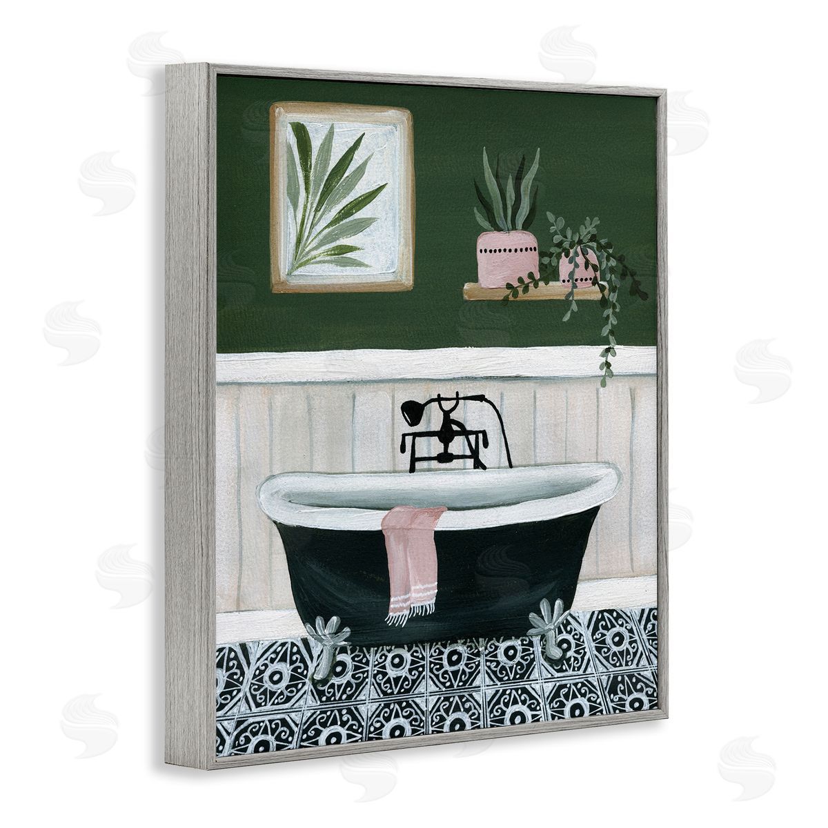 Green Bathroom Scene Grey Frame Print Wall Art, Home Decor by Yvette St. Amant