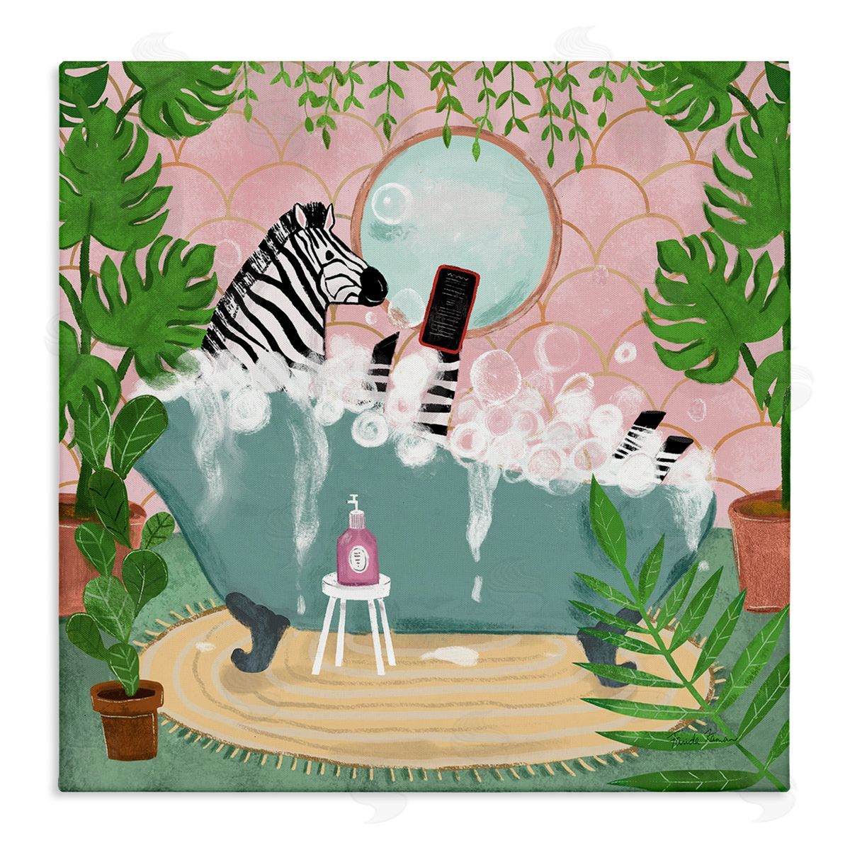 Zebra Fun Bath Time Canvas Wall Art, Home Decor by Farida Zaman