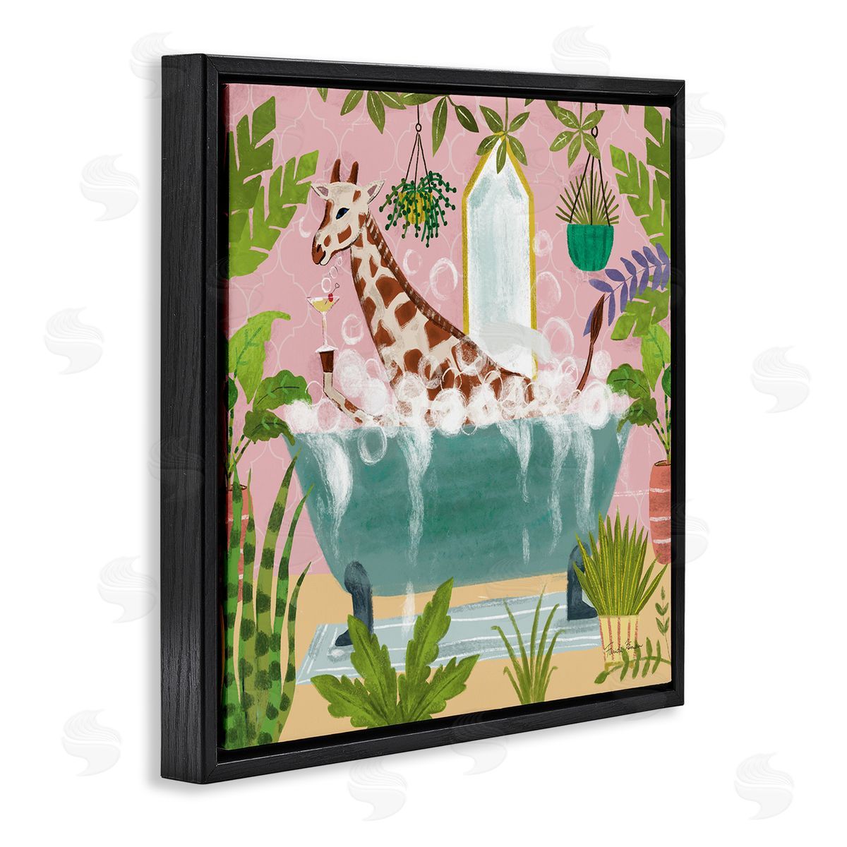 Giraffe Fun Bath Time Black Floating Frame Canvas Wall Art, Home Decor by Farida Zaman
