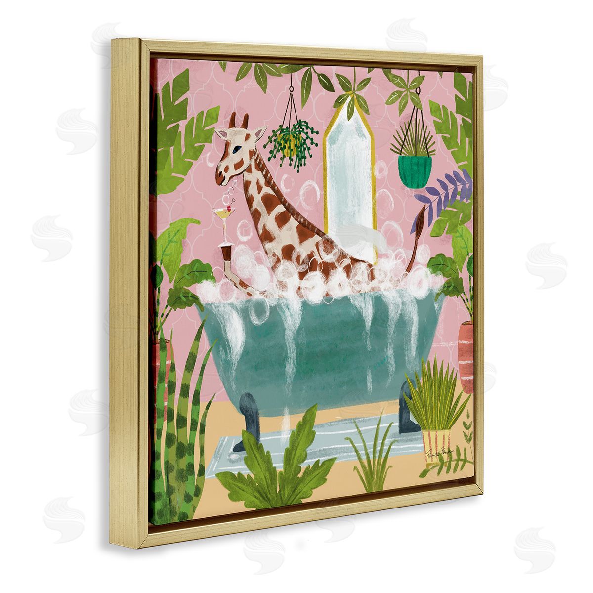 Giraffe Fun Bath Time Gold Floating Frame Canvas Wall Art, Home Decor by Farida Zaman