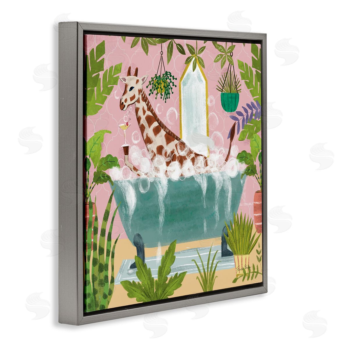Giraffe Fun Bath Time Grey Floating Frame Canvas Wall Art, Home Decor by Farida Zaman