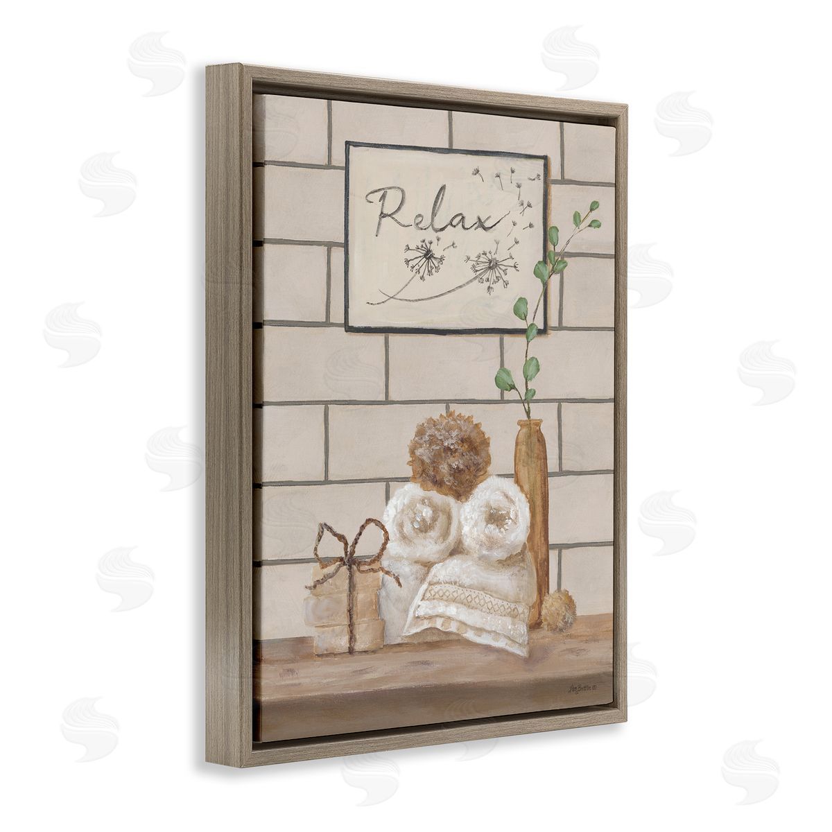 Relax Bathroom Scene Brown Floating Frame Canvas Wall Art, Home Decor by Pam Britton