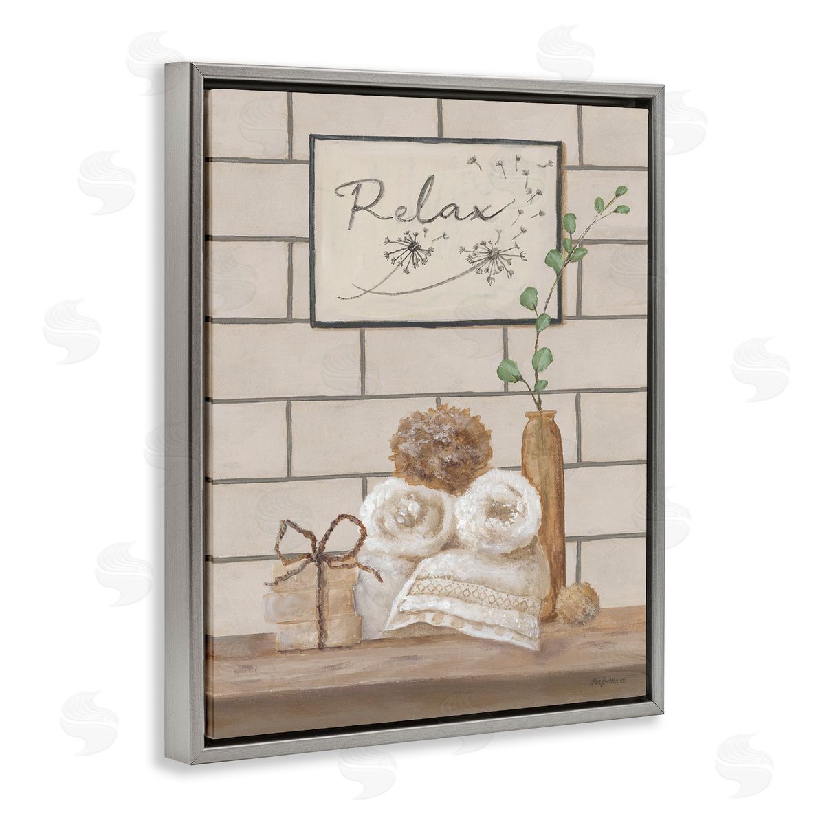Relax Bathroom Scene Grey Floating Frame Canvas Wall Art, Home Decor by Pam Britton