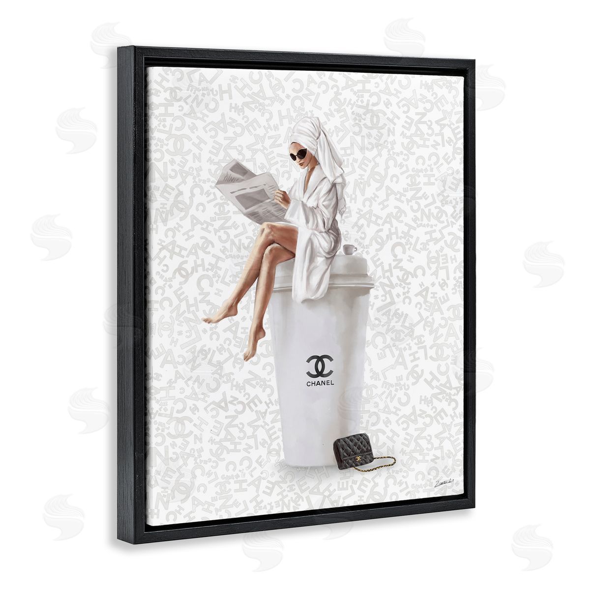 Glam Girl Bathrobe Black Floating Frame Canvas Wall Art, Home Decor by Ziwei Li