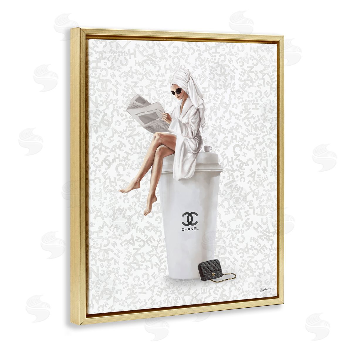 Glam Girl Bathrobe Gold Floating Frame Canvas Wall Art, Home Decor by Ziwei Li