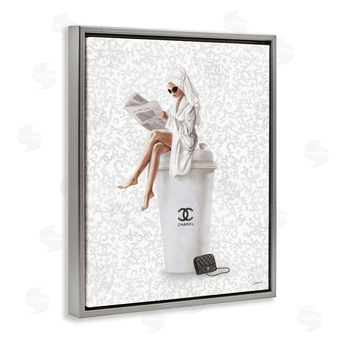 Glam Girl Bathrobe Grey Floating Frame Canvas Wall Art, Home Decor by Ziwei Li