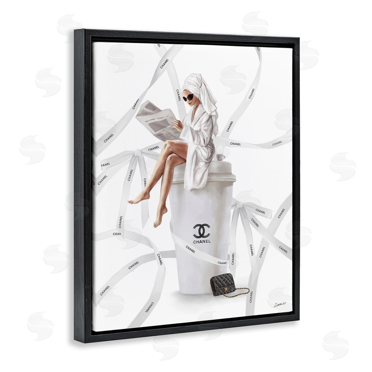 Spa Girl in Bathrobe Black Floating Frame Canvas Wall Art, Home Decor by Ziwei Li