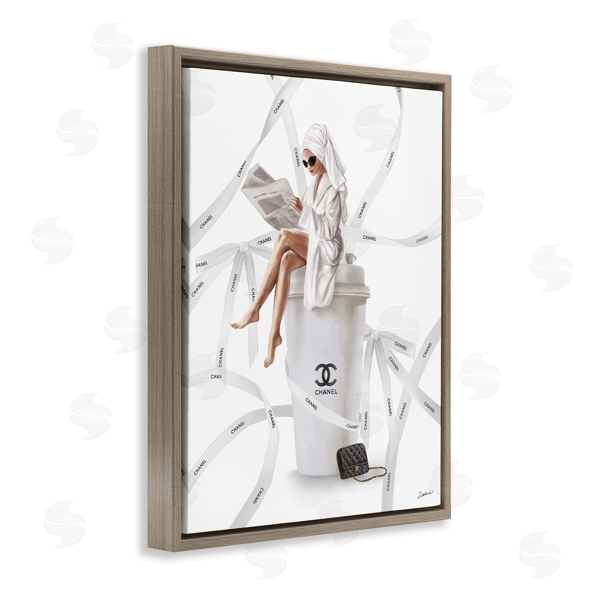 Spa Girl in Bathrobe Brown Floating Frame Canvas Wall Art, Home Decor by Ziwei Li