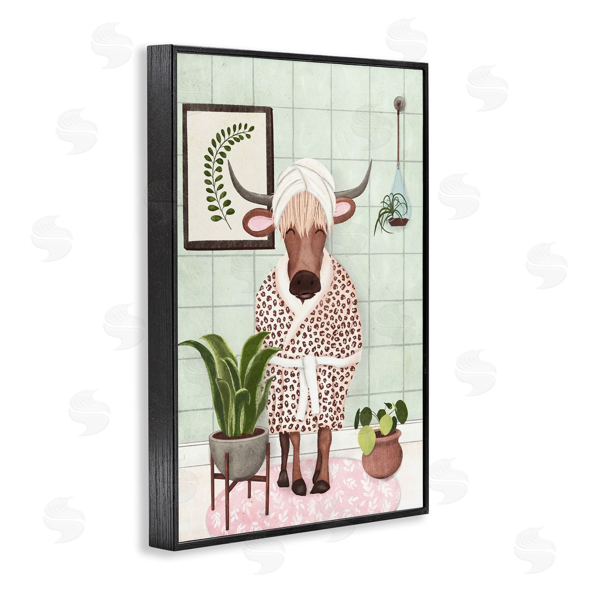 Cow in Bathrobe Black Frame Print Wall Art, Home Decor by JJ Design House, LLC.