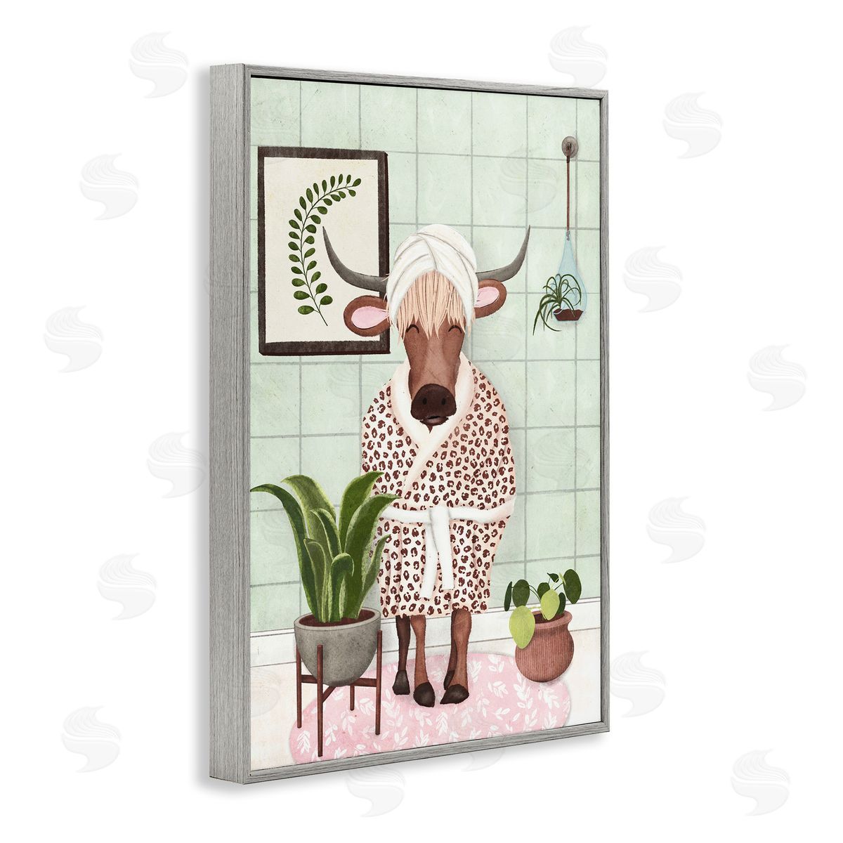 Cow in Bathrobe Grey Frame Print Wall Art, Home Decor by JJ Design House, LLC.