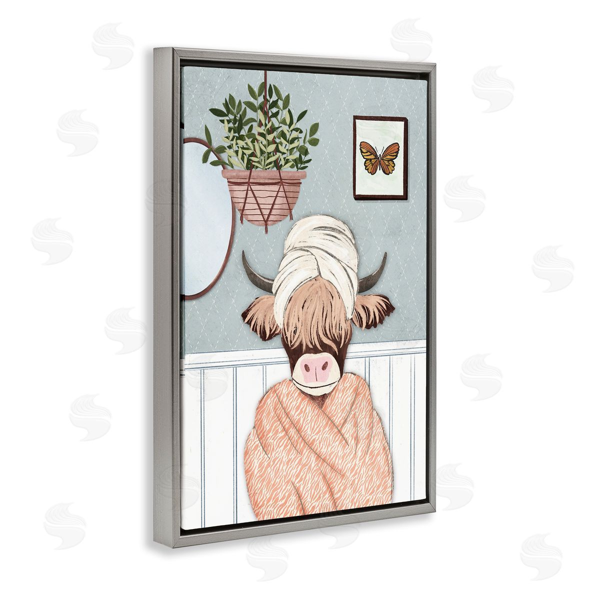 Highland Cow Bathrobe Grey Floating Frame Canvas Wall Art, Home Decor by JJ Design House, LLC.