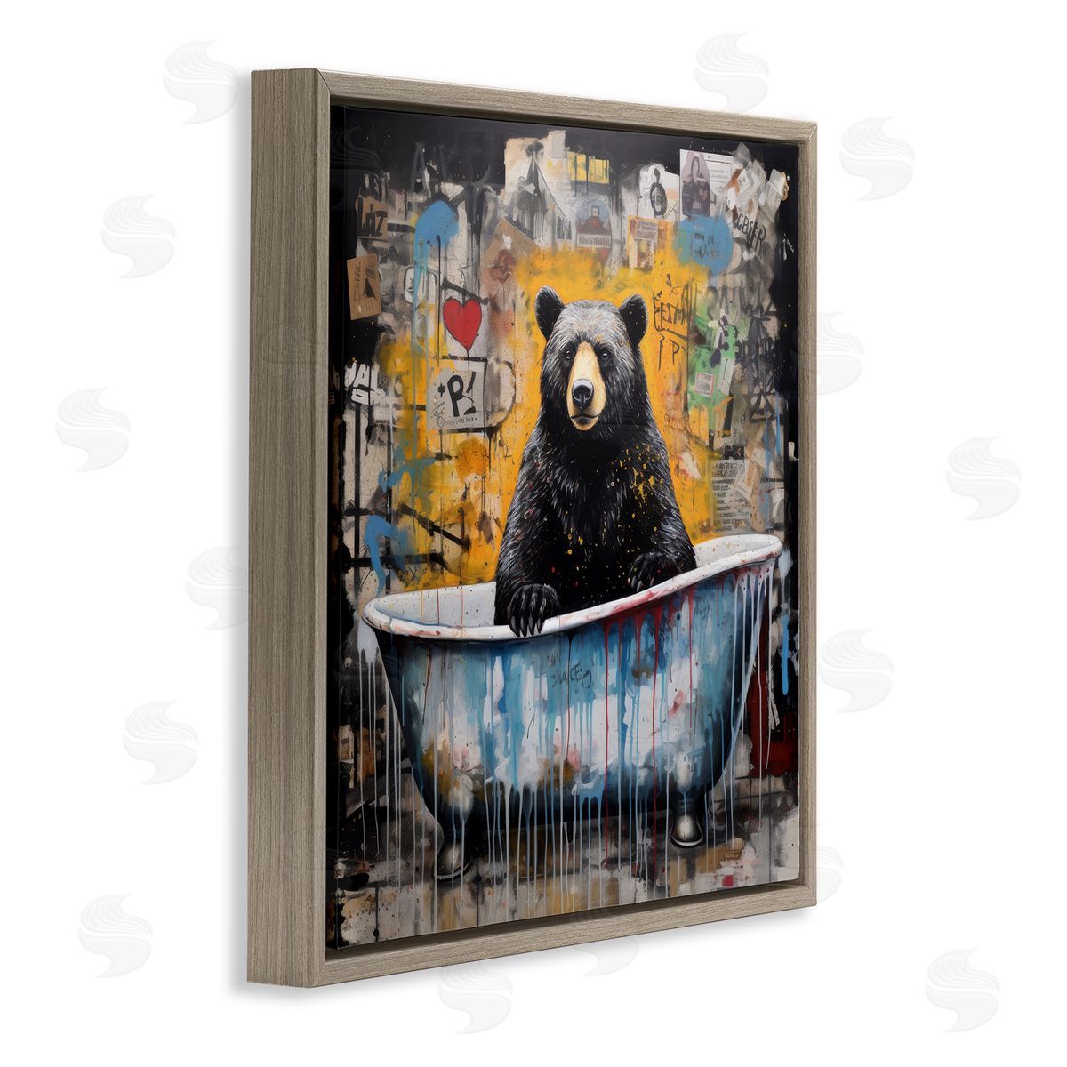 Graffiti Bathing Bear Brown Floating Frame Canvas Wall Art, Home Decor by Lazar Studio